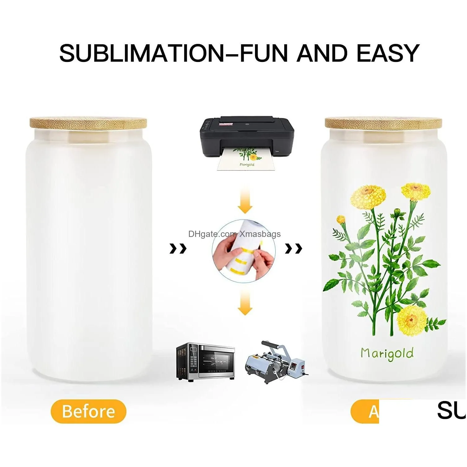 2023 us warehouse 12oz 16oz sublimation glass blanks with bamboo lid frosted sublimation beer can glass borosilicate tumbler mason jar cups mug with plastic