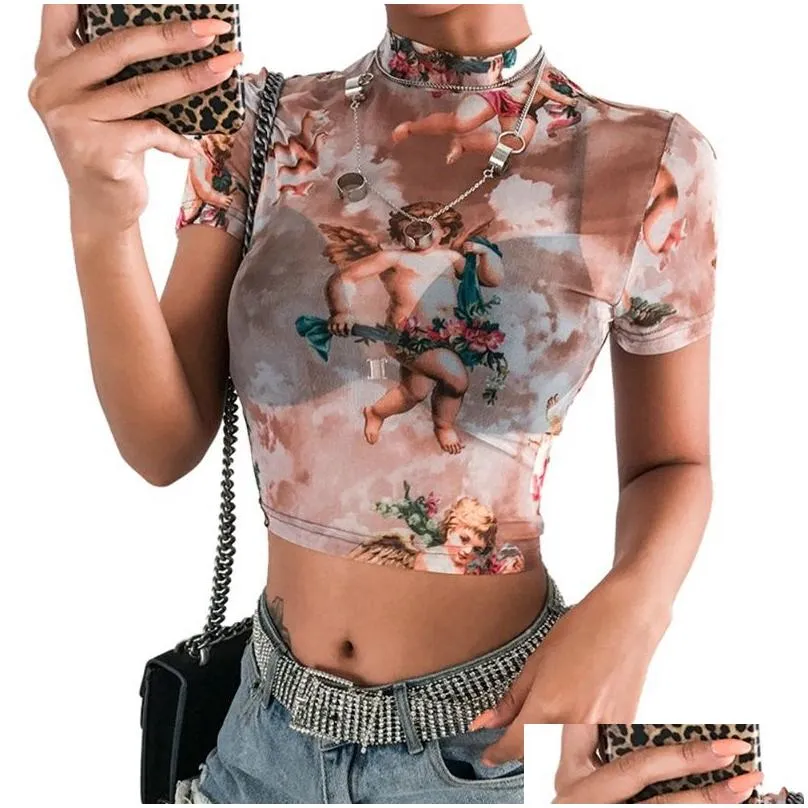 Women`S T-Shirt Woman Angel Printed Half-High Collar Exposed Navel Mesh Short-Sleeved T-Shirt Short Slim Bottoming Female Y Drop Deliv Dh3X7