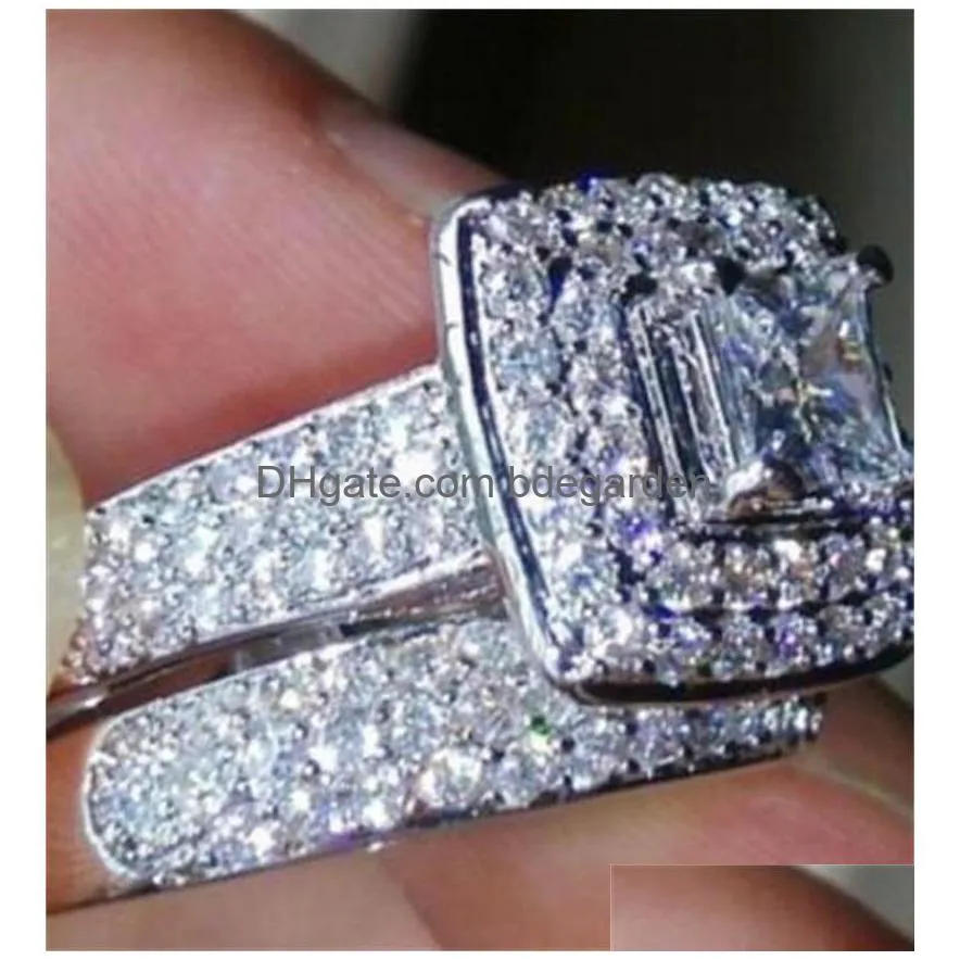 Wedding Rings Vecalon 188Pcs Topaz Simated Diamond Cz 14Kt White Gold Filled 3-In-1 Engagement Wedding Band Ring Set For Women Sz 5-1 Dhb3N