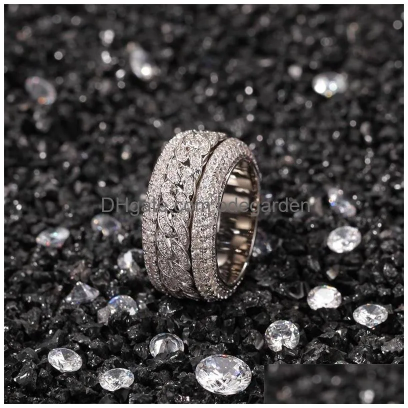 With Side Stones Hip Hop Bling Iced Out Cubic Zirconia Cz Ring For Men Women Spinner Cuban Chain Round Rings Party Jewelry 204 N2 Dro Dhhrh
