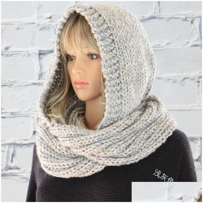 Scarves Fashion Hooded Scarves Neck Gaiter Men Women Pure Color Woolen Hat Lady Keep Warm Knitting Scarfs 28Lm J2 Drop Delivery Fashio Dhxfs