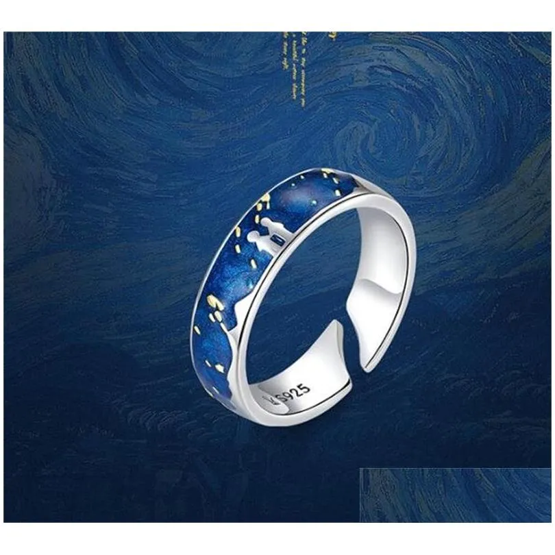 Cluster Rings Bamoer Sterling Sier 925 Lover Rings For Couple Blue Starry Sky Of Van Gogh Open Finger Ring Design Jewelry Accessories Dh1So