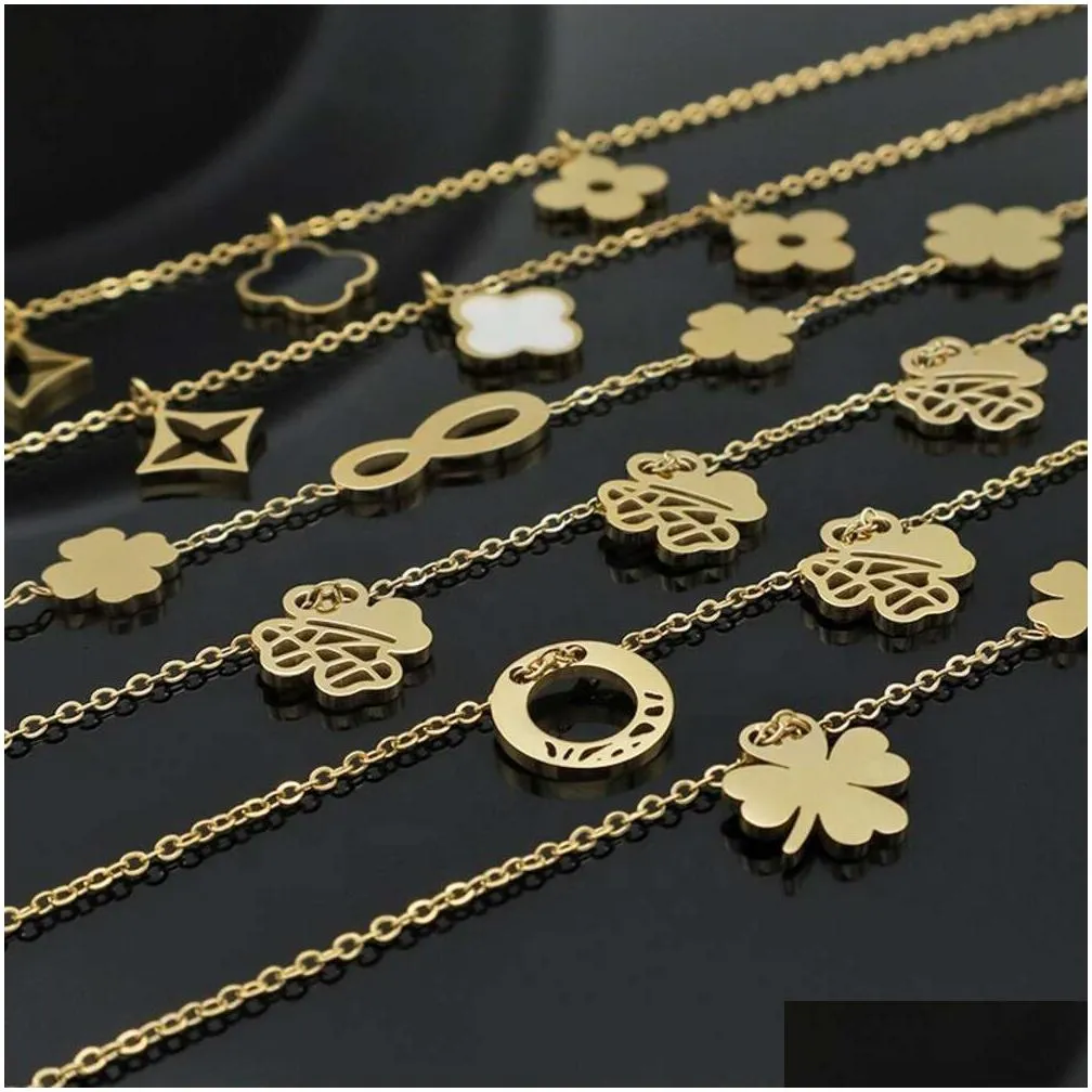 lucky four leaf clover bracelet necklace set jewelry trendy woman 14k gold pvd plated stainless steel jewelry set