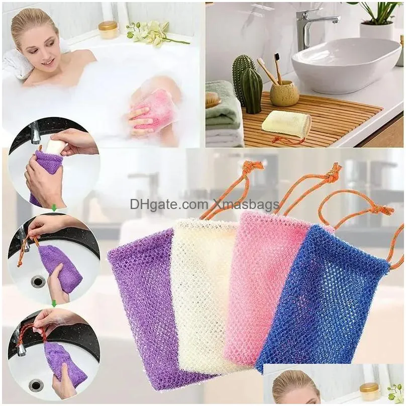 exfoliating mesh bags saver pouch for shower body massage scrubber natural organic ramie soap holder bag pocket loofah bath spa bubble foam with drawstring