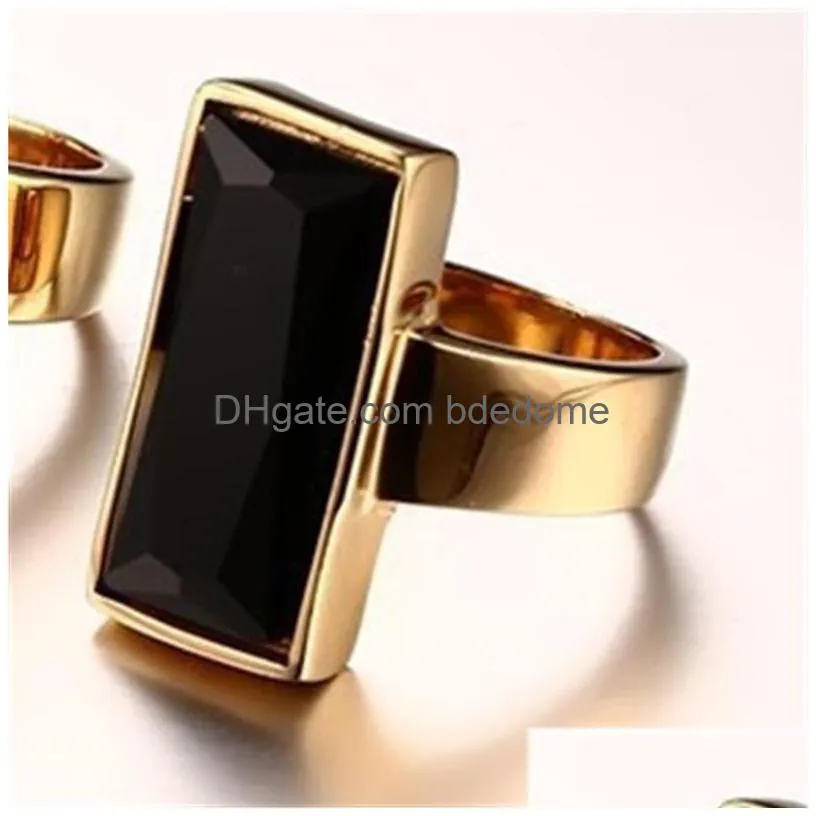 Cluster Rings Womens Rings Stainless Steel Gold-Color Rectangar Black Glass Crystal Ring For Women Fashion Jewelry Best Friend Gift1 Dh8Lc