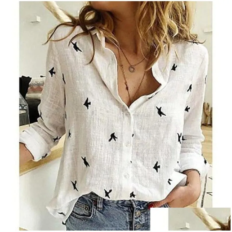 Women`S Blouses & Shirts Womens Blouses Shirts Women Fashion Lady Button Up Woman Tops Autumn White Cotton Linen Blouse Casa Long Sle Dh4P0