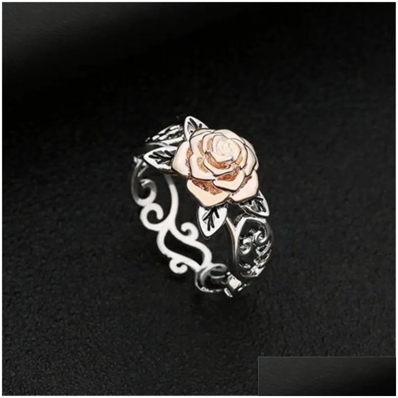 Band Rings Rose Gold Plating Rings Flower Retro Sier Plated Color Separation Hand Jewelry Women Gifts Valentines Day Wedding Ring Fas Dhji6