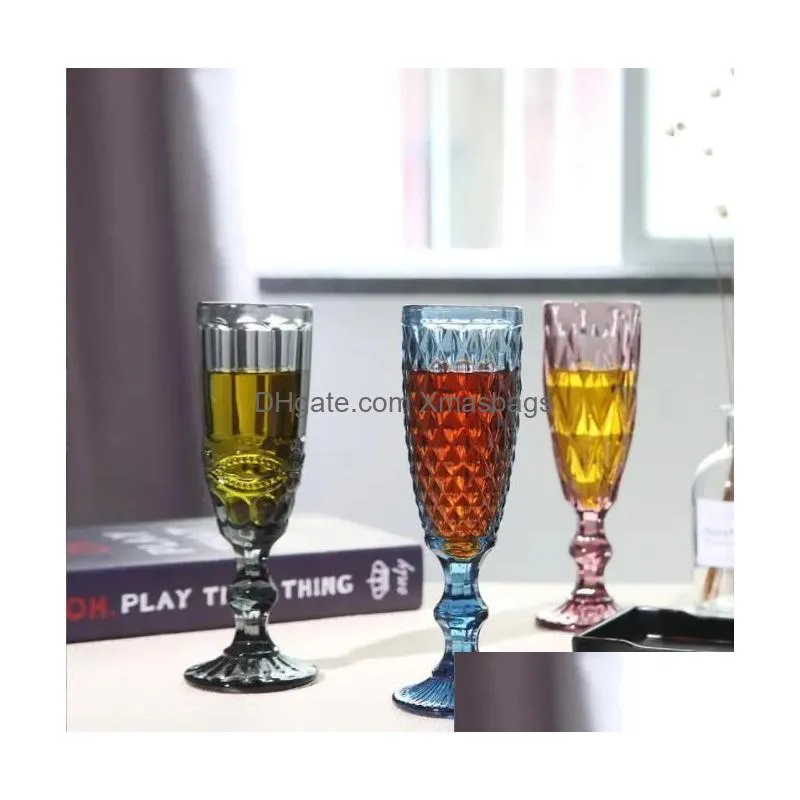 machine pressed vintage colored goblet white wine champagne flute water glass green blue pink glass goblets glass cup 0619
