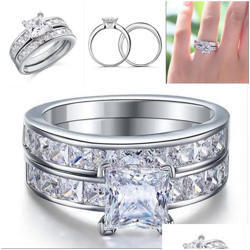 Band Rings Luxury Size 5/6/7/8/9/10 Jewelry 10Kt White Gold Filled Topaz Princess Cut Simated Diamond Wedding Ring Set Gift With Box Dheuw