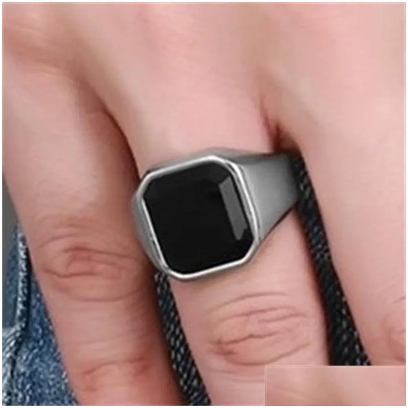 Band Rings Stainless Steel High Polished Black Agate Mens Ring Fashion Jewelry Rings Accessories Sier Size 8-12 814 R2 Drop Delivery Dhodb