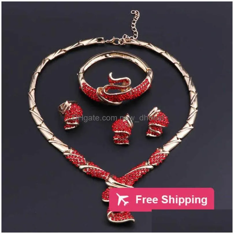 Bracelet, Earrings & Necklace Bracelet Earrings Necklace Jewelry Sets African Beads Collar Statement Bangle Fine Rings For Women Cz D Dhwl9