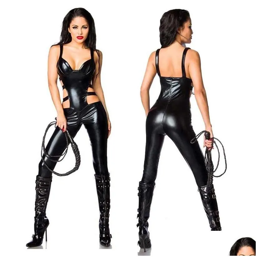 sexy faux leather women`s catsuit waist side cut out jumpsuit crotchless bodysuit wetlook halloween cosplay costume311d