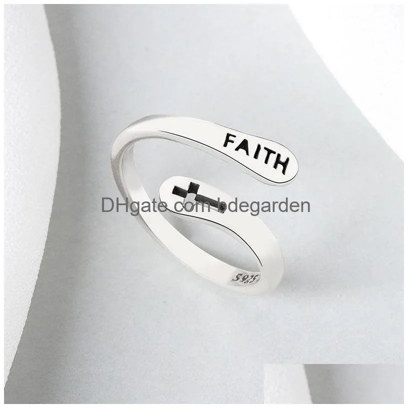 Cluster Rings Real 925 Sterling Sier Rings For Women Vintage Faith Cross Letters Round Engagement Jewelry Anillos Mujer 1466 Q2 Drop Dhdvc