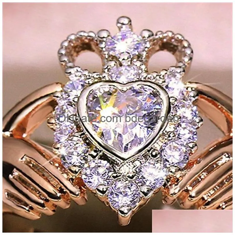 Wedding Rings New Women Fashion Jewelry Crown Wedding Ring 925 Sterling Sier Rose Gold Fill Eternity Engagement Claddagh Gift 1604 Dr Dh0X1