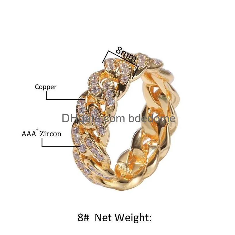 Cluster Rings Men Rings Hip Hop Punk Ring Cuban Link Chain 8Mm Zircon-Plated Real Gold Trend Mens New 297 T2 Drop Delivery Jewelry Ri Dhglo