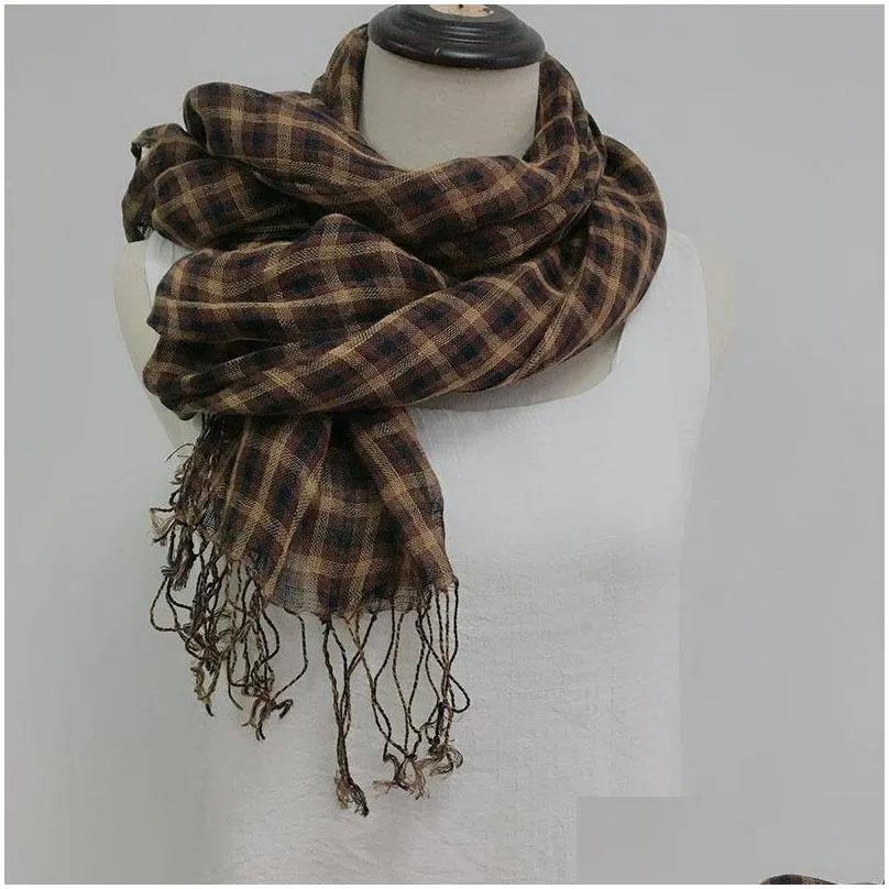 Scarves Spring And Summer Linen Scarf Shawl Small Plaid Blue Thin Breathable Neck Ladies Tassel Long Wrap Scarves 3452 Q2 Drop Deliver Dhh2Q
