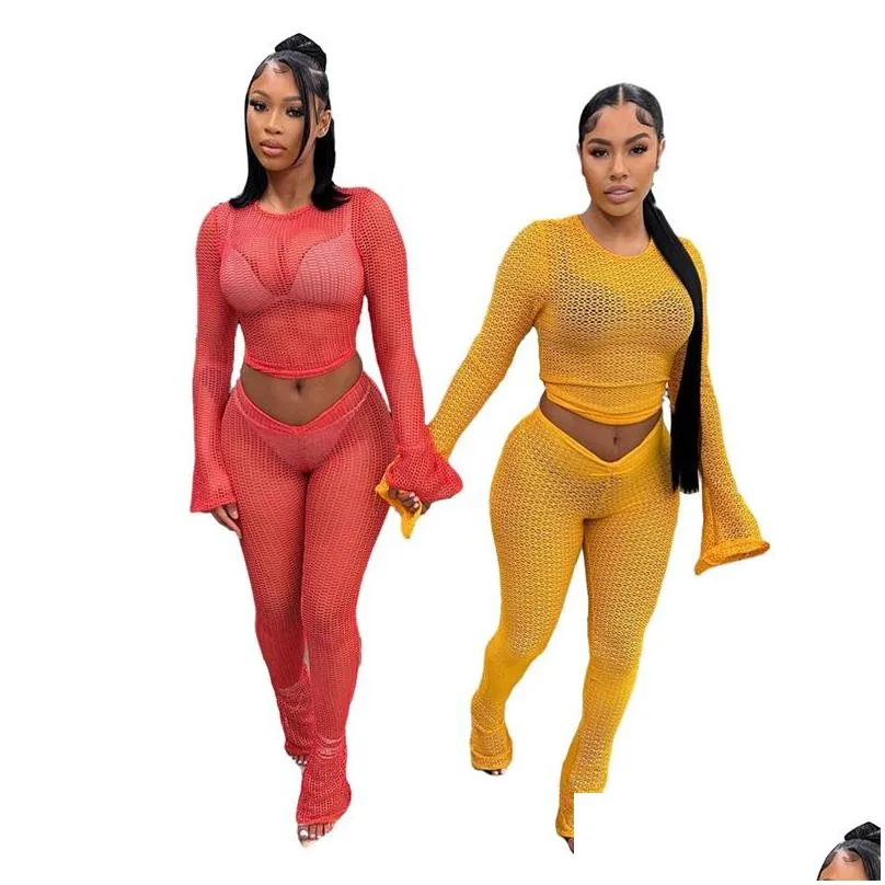 2024 designer sexy tracksuits hollow out two piece set women outfits spring long sleeve shirt and falre pants see through sheer wholesale clothing dhl