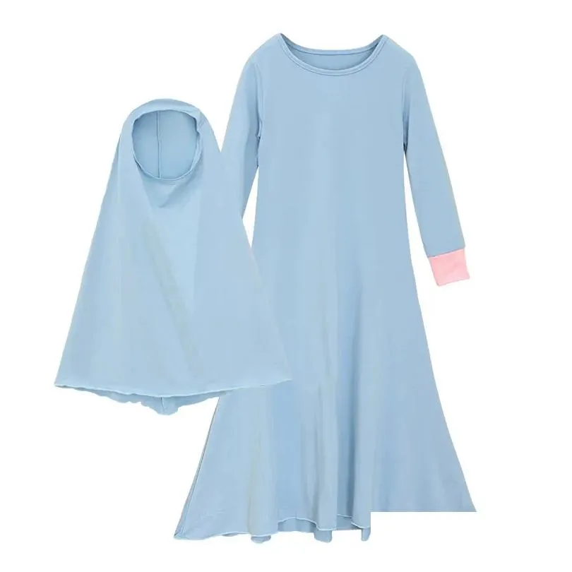 Ethnic Clothing 2Pcs Kids Girls Abaya Ramadan Muslim Prayer Garment Hijab Maxi Dress Set Jilbab Islamic Children Dresses Kafan Robe D Dh3Fs