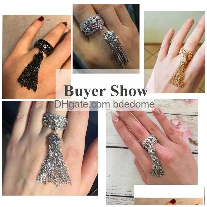 Couple Rings Discount Europe Fashion Cubic Zircon Stone Rings Micro Paved Long Tassel Ring Designer Luxury Copper Party Jewelry For W Dh2Xa