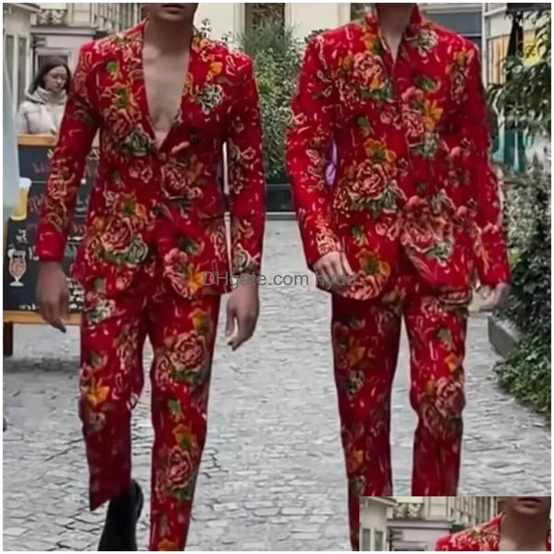 running sets men floral coat suit flower print northeast style mens with pockets lapel cardigan unisex formal jacket trousers set