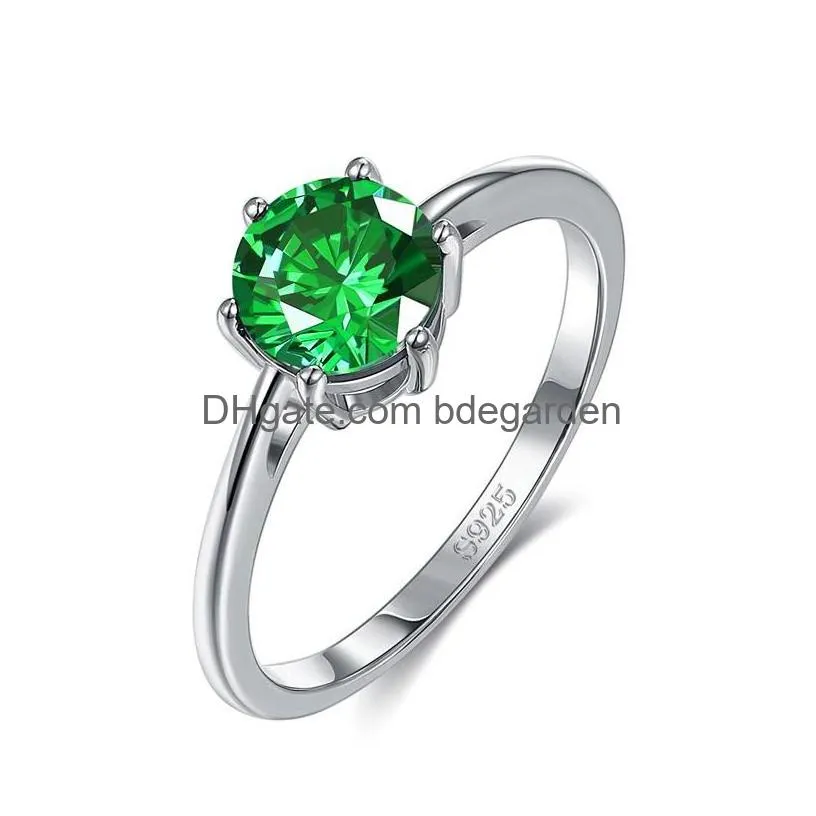 Solitaire Ring Natural Emerald Color Cz Finger Rings For Women 8Mm Classic Sterling Sier 925 Wedding Engagement Ring Fine Jewelry Gif Dhym4