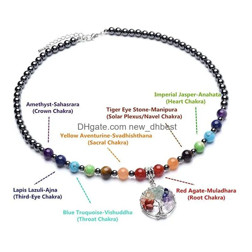 Bracelet & Necklace Jln Seven Chakra Hematite Jewelry Set Healing Stone Stretch Bracelet Beaded Chip Charm With Lobster Clasp Necklac Dhf20