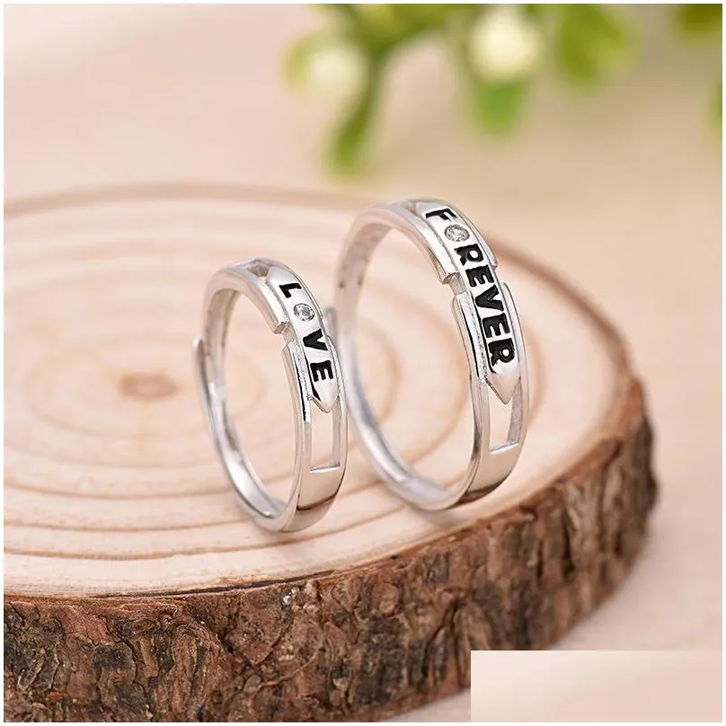 Couple Rings Engagement/Wedding 925 Sterling Sier Adjustable Size Ring Couple Rings Heart Crown Crystal 175 Q2 Drop Delivery Jewelry Dhuxe