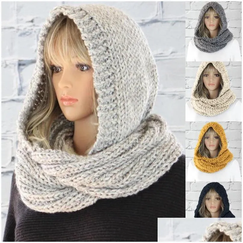 Scarves Women Fashion Hood Scarf Lady Pure Color Autumn Winter Keep Warm Woolen Hat Knitting Casual Scarves 29As J2 Drop Delivery Fash Dh8Mq