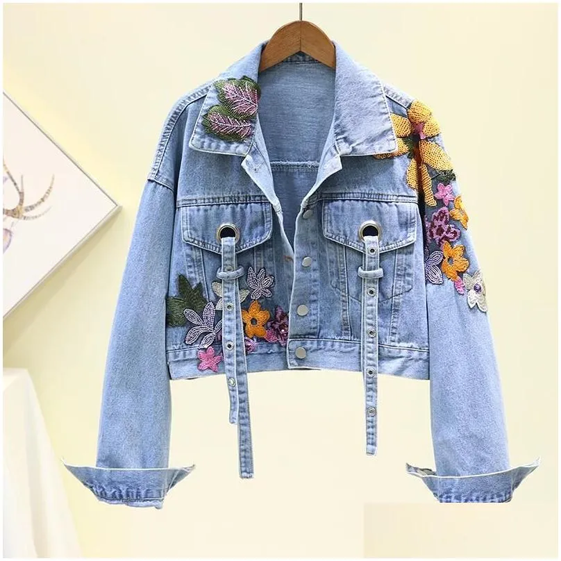 Women`S Jackets Womens Jackets Spring Denim Jacket Women Fashion Flowers Embroidery Sequins Short Jeans Vintage Loose Streetwear Drop Dh8Oj