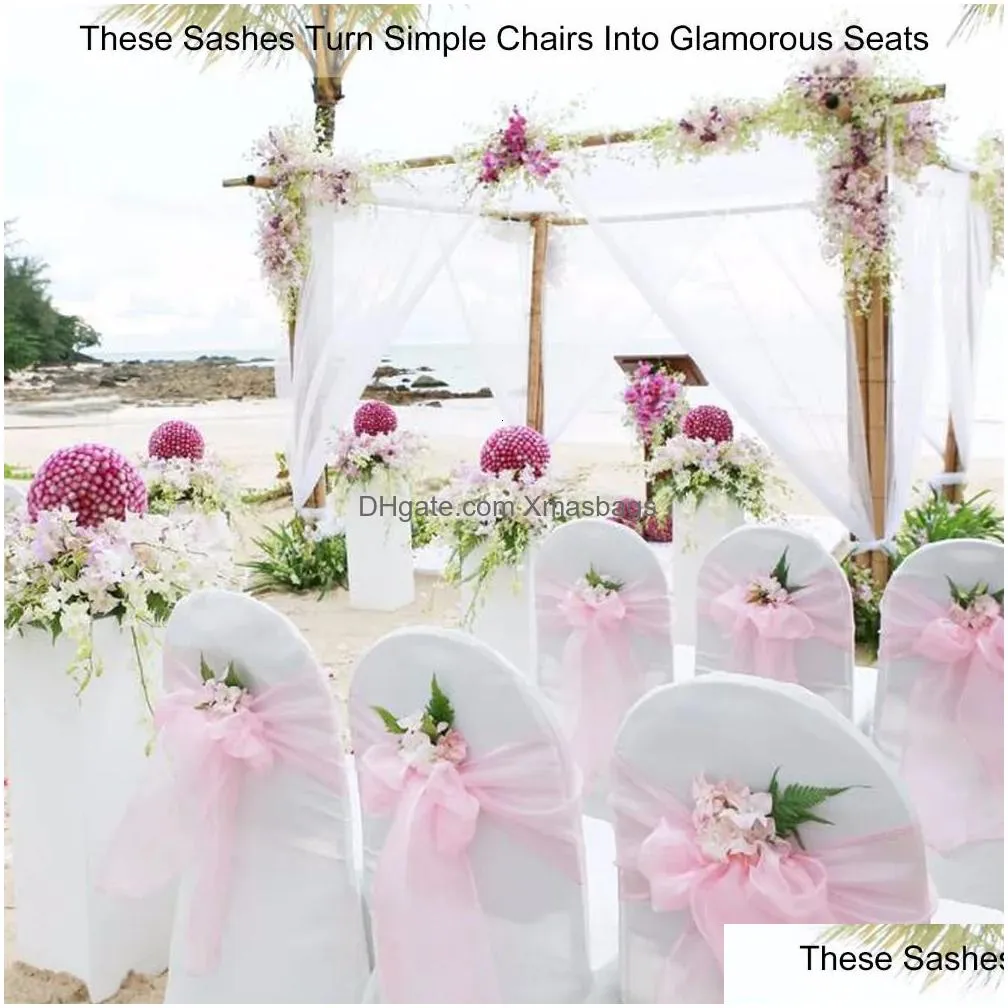 top sale 50pcset wedding organza chair sashes bow knot for banquet event birthday party decoration home textile chair cover 231228