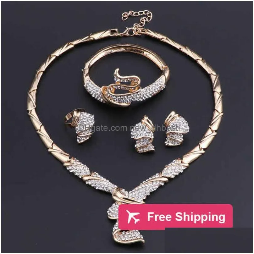 Bracelet, Earrings & Necklace Bracelet Earrings Necklace Jewelry Sets African Beads Collar Statement Bangle Fine Rings For Women Cz D Dhwl9