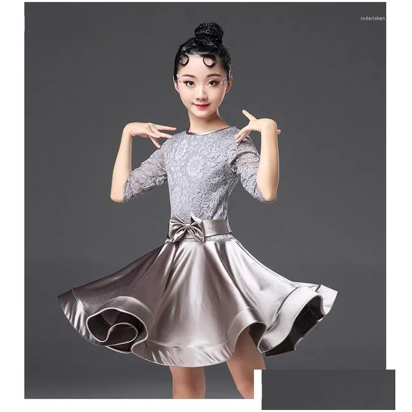 Stage Wear Latin Dance Dress For Girls Long Sleeve Lace Standard Ballroom Dancing Dresses Kids Performance Salsa Clothes Drop Deliver Dhmca