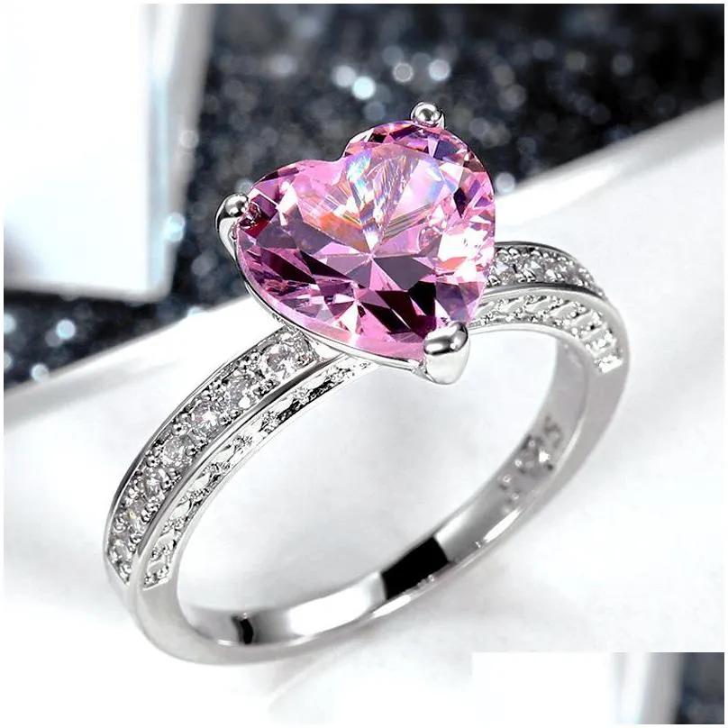 Wedding Rings Size 6-10 Simple Fashion Jewelry Wedding Rings 925 Sterling Sier Heart Shape 5A White Pink Topaz Cz Diamond Gemstones W Dh3F2