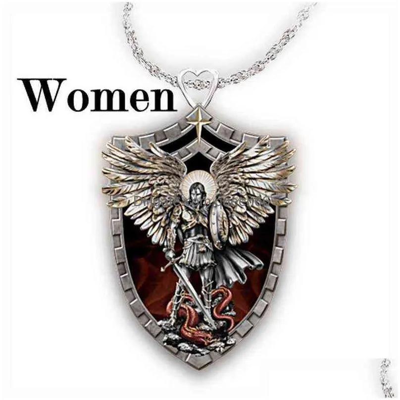 Pendant Necklaces Exquisite Fashion Warrior Guardian Holy Angel Saint Michael Pendant Necklace Unique Knight Shield Anniversary Gift29 Dhtic