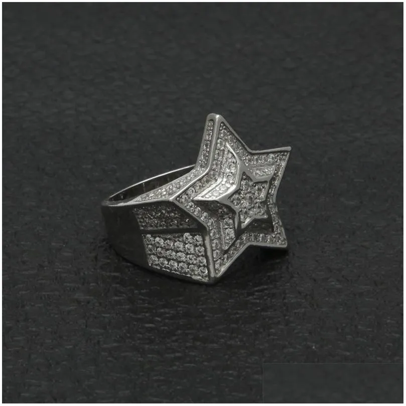 Band Rings Hip Hop Mens Gold Ring Jewelry High Quality Five-Pointed Star Cubic Zircon Sier Rings For Men 1661 T2 Drop Delivery Jewelr Dheq0