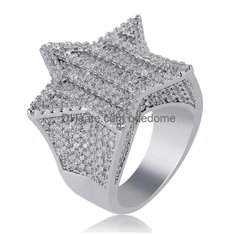 Cluster Rings Iced Out Star Rings For Men Luxury Designer Mens Diamond Stars Ring Copper Zircon 18K Gold Plated Wedding Engagement Je Dh9Qd