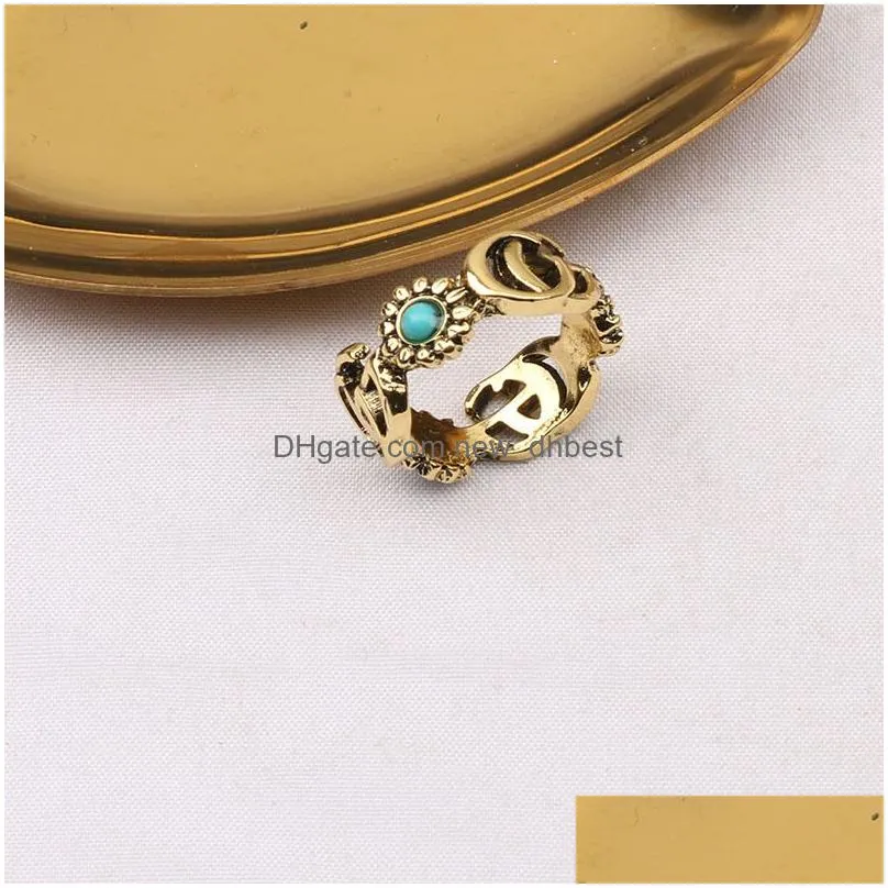 Band Rings Top-Quality 18K Gold Plate Letter For Mens Womens Fashion Designer Letters Turquoise Crystal Metal Daisy Ring Jewelry One Dhztw