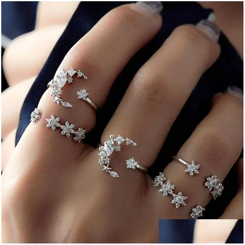 Band Rings New Boho Style Ring Sets For Women Wedding Band Zircon Crystal Finger Rings Party Gifts Vintage Sier 5Pcs Jewelry Set 335 Dha1D