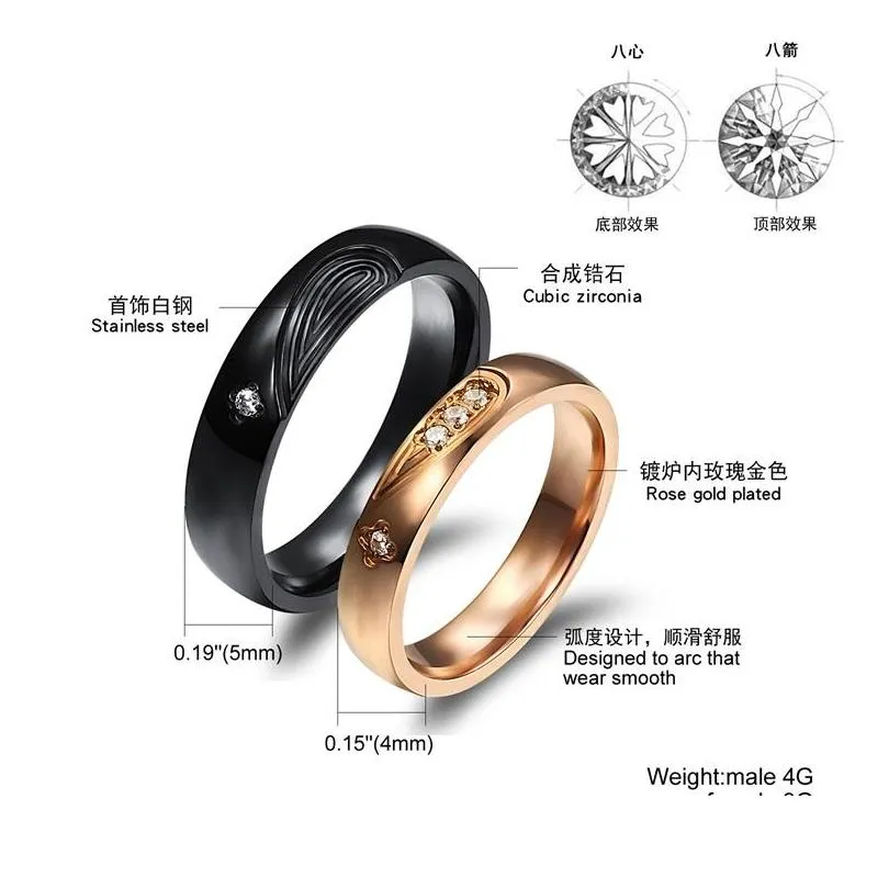 Couple Rings Fashion Black Rose Gold White Rhinestone Titanium Steel Couple Rings Set Men Women Engagement Wedding 1648 T2 Drop Deliv Dhcba