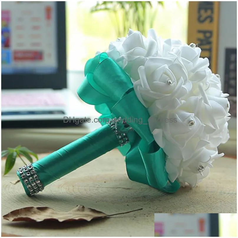 flowers foam rose bridal wedding bouquet wedding decoration crystals artificial flower bridesmaid bridal hand holding brooch