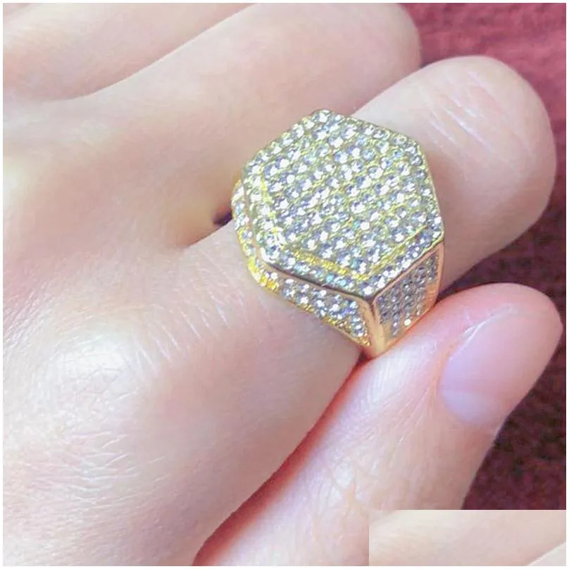 Cluster Rings Hip Hop Cube Hexagon Ring Copper Gold Sier Color Plated Iced Out Micro Pave Cubic Zircon For Men Women 260 J2 Drop Deli Dhbds