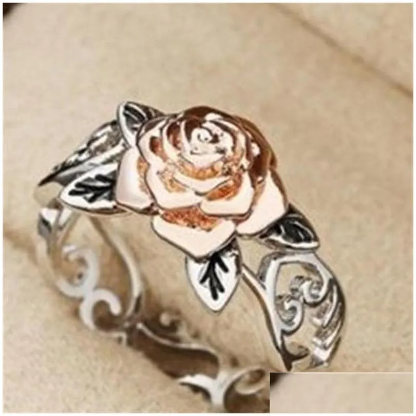 Band Rings Rose Gold Plating Rings Flower Retro Sier Plated Color Separation Hand Jewelry Women Gifts Valentines Day Wedding Ring Fas Dhji6