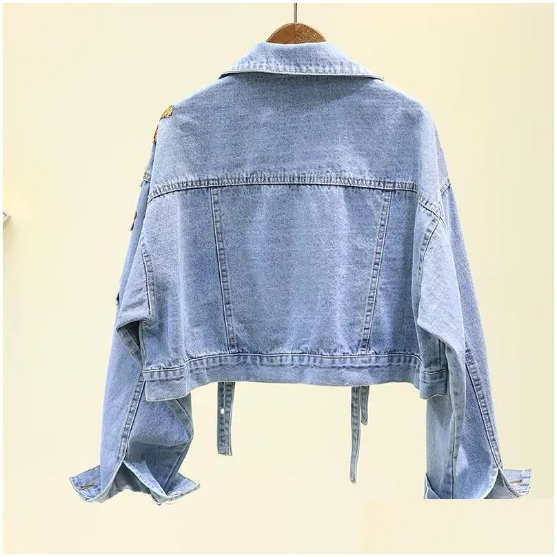 Women`S Jackets Womens Jackets Spring Denim Jacket Women Fashion Flowers Embroidery Sequins Short Jeans Vintage Loose Streetwear Drop Dh8Oj