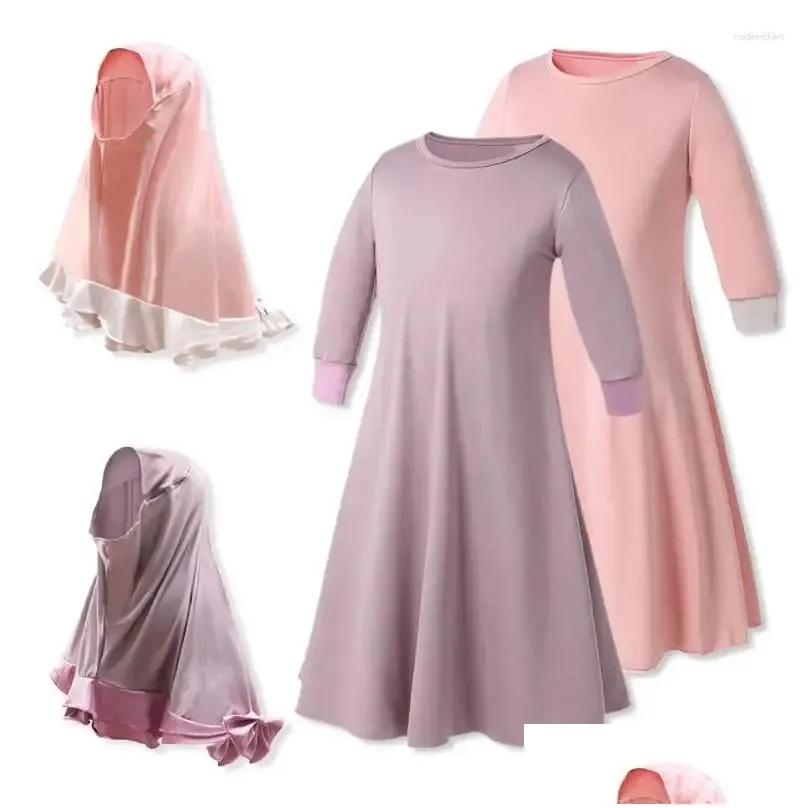 Ethnic Clothing 2Pcs Kids Girls Abaya Ramadan Muslim Prayer Garment Hijab Maxi Dress Set Jilbab Islamic Children Dresses Kafan Robe D Dh3Fs