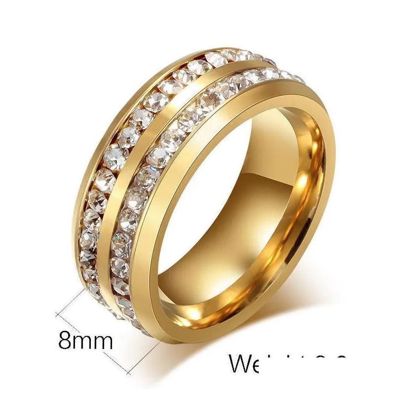 Band Rings Couple Rings - Mens Double Row Zircon Stainless Steel Womens 18K Yellow Gold Filled White Sapphire Diamond Ring 633 Q2 Dro Dhu1I