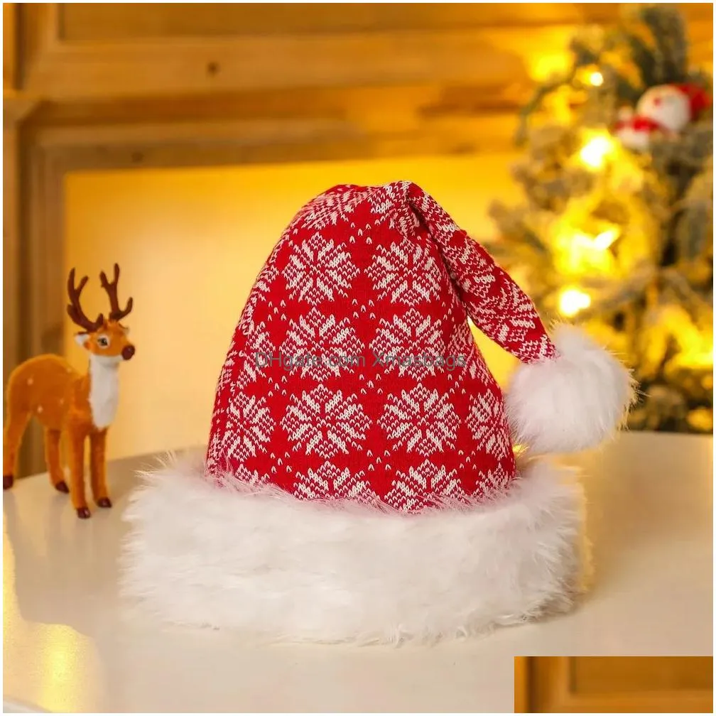 red christmas hat soft plush striped snowflak hats santa claus cosplay cap children adults xmas party decoration caps th0091