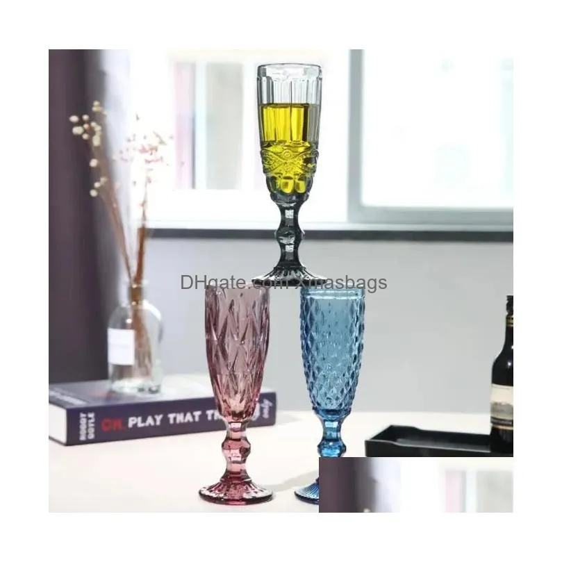 machine pressed vintage colored goblet white wine champagne flute water glass green blue pink glass goblets glass cup 0619