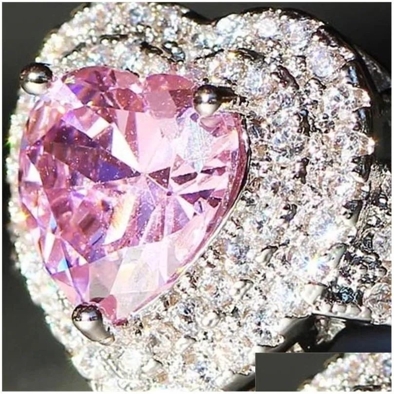 Wedding Rings New Womens Wedding Rings Fashion Sier/Pink Heart Gemstone Engagement Jewelry Simated Diamond Ring 132 R2 Drop Delivery Dhfok