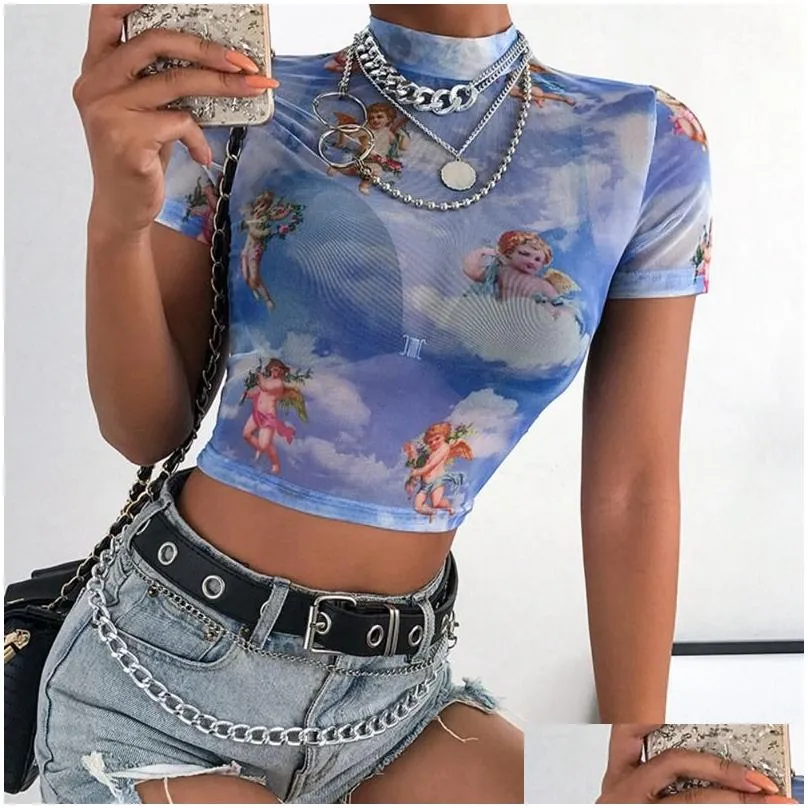 Women`S T-Shirt Woman Angel Printed Half-High Collar Exposed Navel Mesh Short-Sleeved T-Shirt Short Slim Bottoming Female Y Drop Deliv Dh3X7