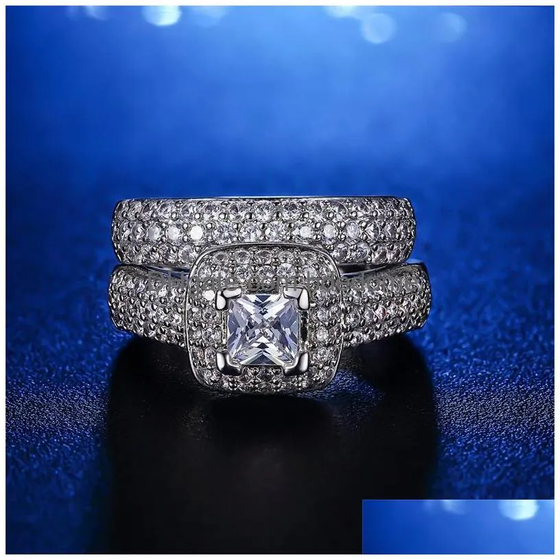 Wedding Rings Yhamni Luxury Engagement Double Rings Set Original Real 925 Solid Sier White Cz Zircon Ring Wedding Fine Jewelry 231 T2 Dh79C